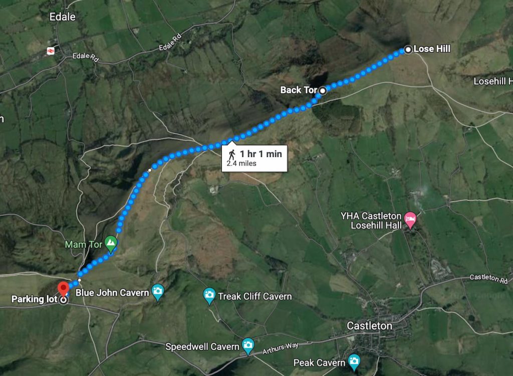 Lose Hill & Mam Tor Map, Peak District National Park, Hope Valley S33 to Parking lot, Hope Valley S33 8WA - Google