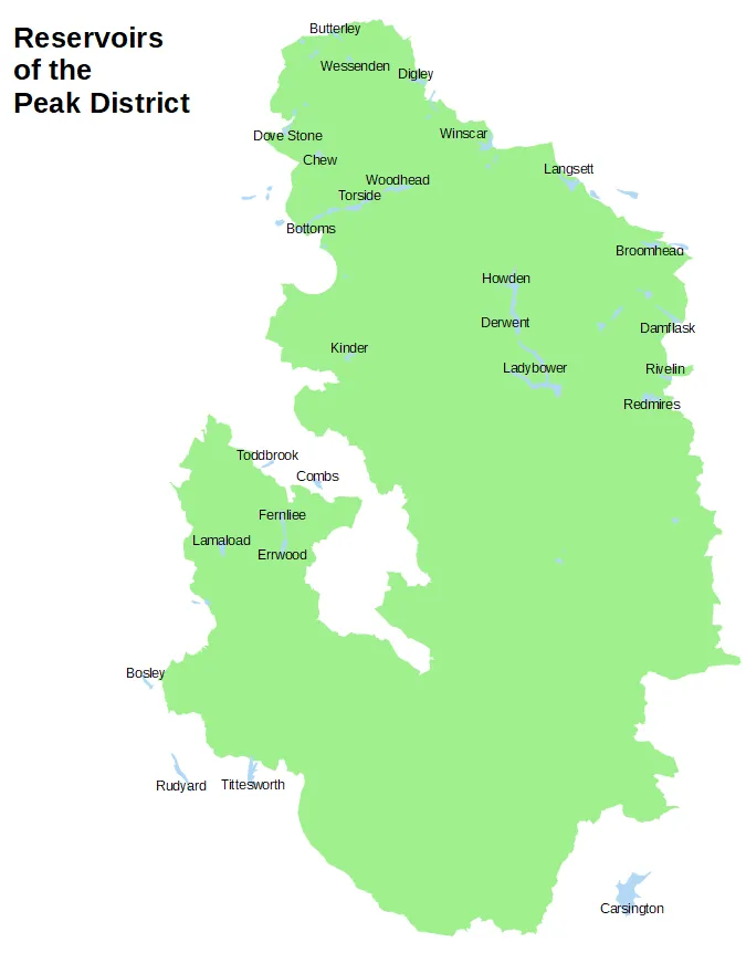 Reservoirs of the Peak District map