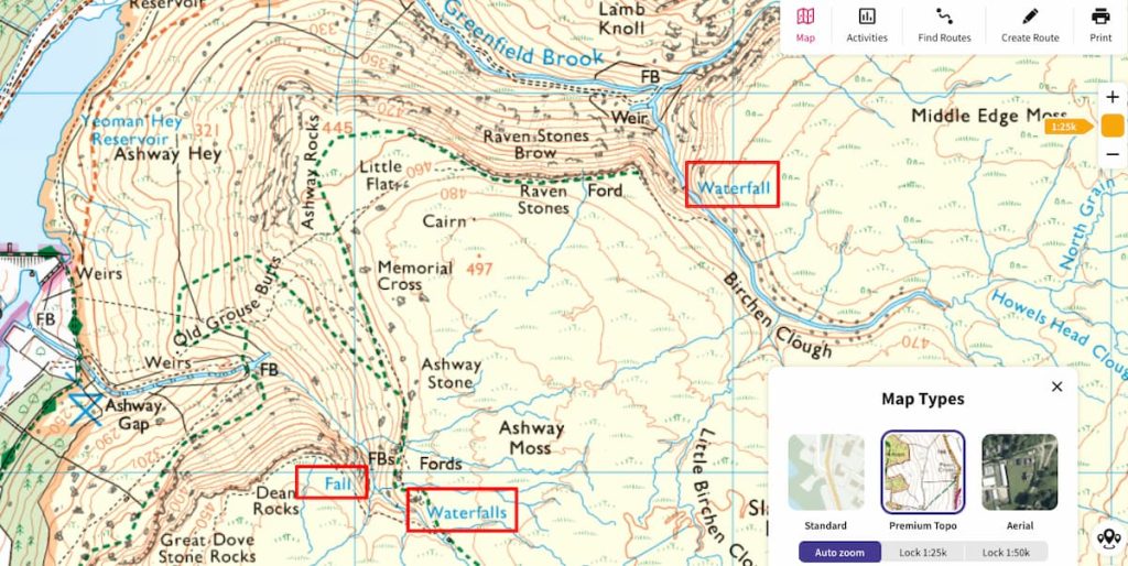 os maps finding waterfall
