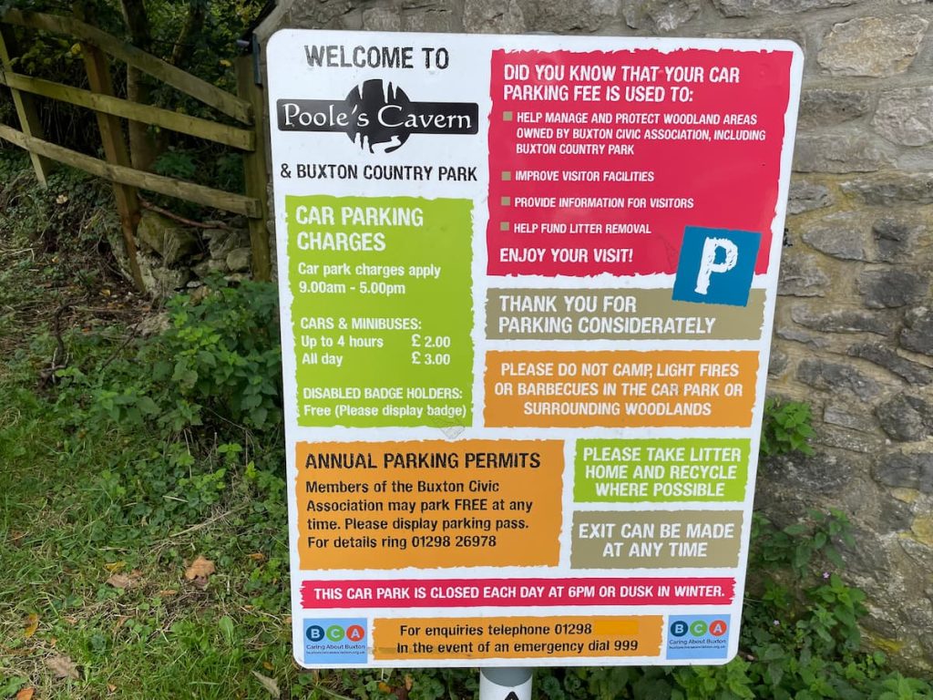 pools cavern and buxton country park parking charges sign