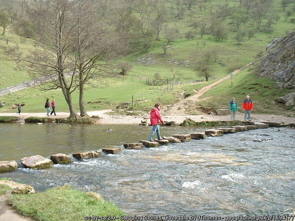 dovedale stepping stones with people crossing