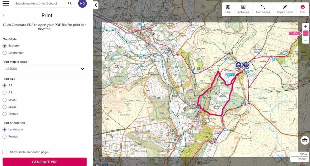 Print customised map _ OS Maps Web App - Longshaw Estate & Padley Gorge Walk